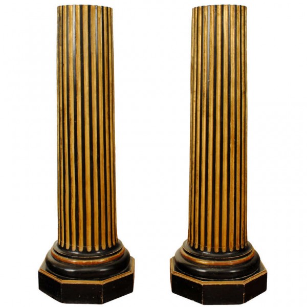Pair of Ebonized and Gold Painted Fluted Columns