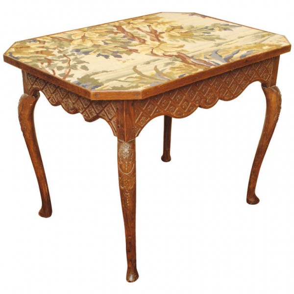 Carved Walnut Table with Needlepoint Top