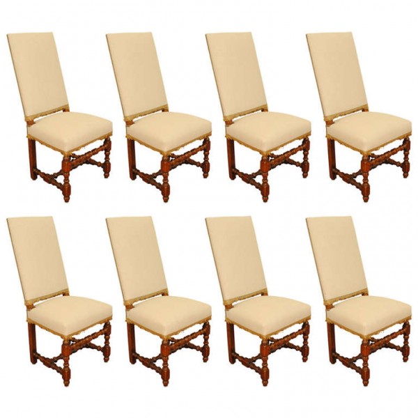 Set of 8 Walnut and Upholstered Dining Chairs