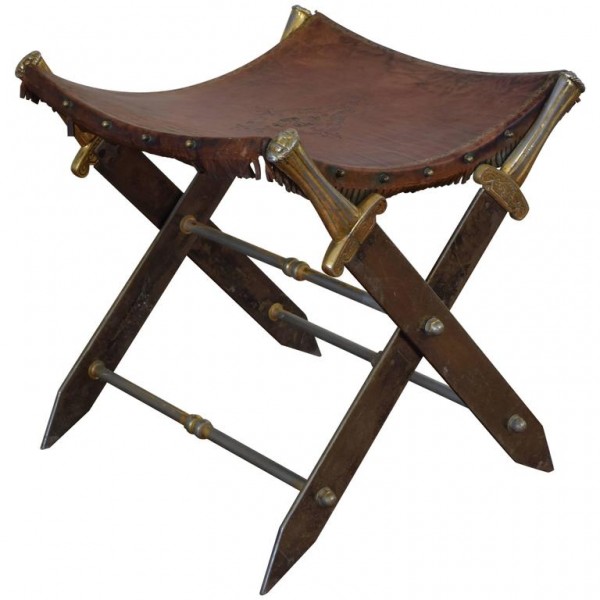 Steel, Brass, and Leather Decorative Bench