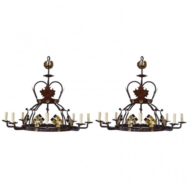 Pair of Wrought Iron and Painted Metal 8-Light Chandeliers, UL Wired