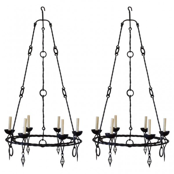 Pair of Wrought Iron 6-Light Chandeliers