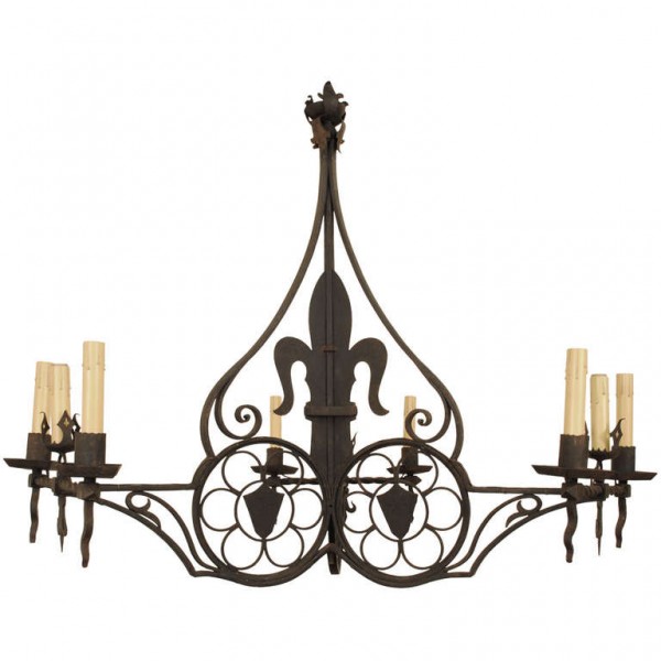 Sizeable 9-Light Iron Fleur de Lis Triangular Shaped Chandelier