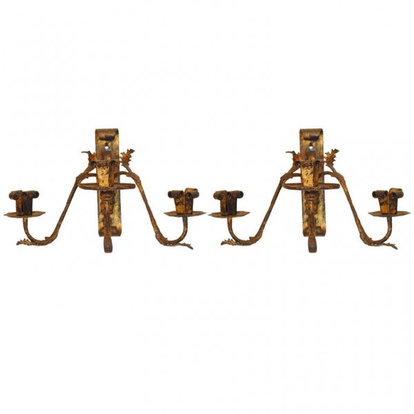 Pair of Wrought and Gilt Iron 3-Light Wall Sconces