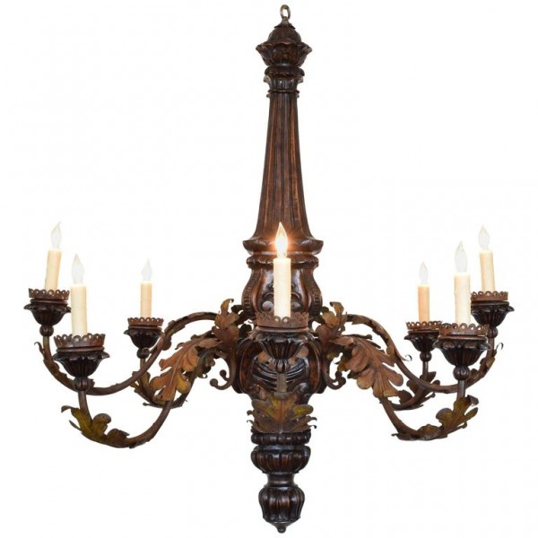 Walnut and Painted Metal 8-Light Chandelier, UL Wired