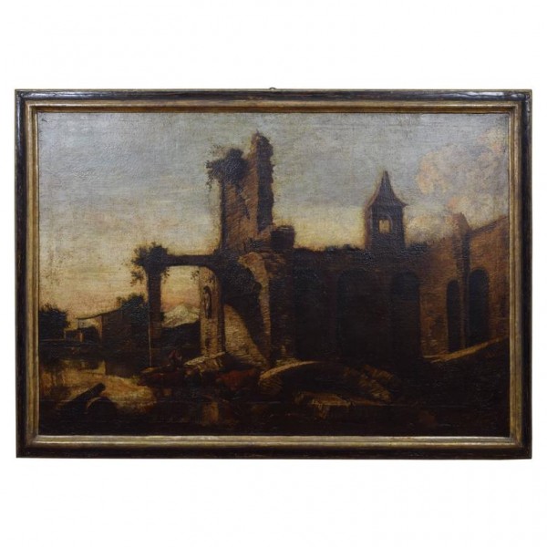 Oil on Canvas, "Landscape with Ruins and Herds"