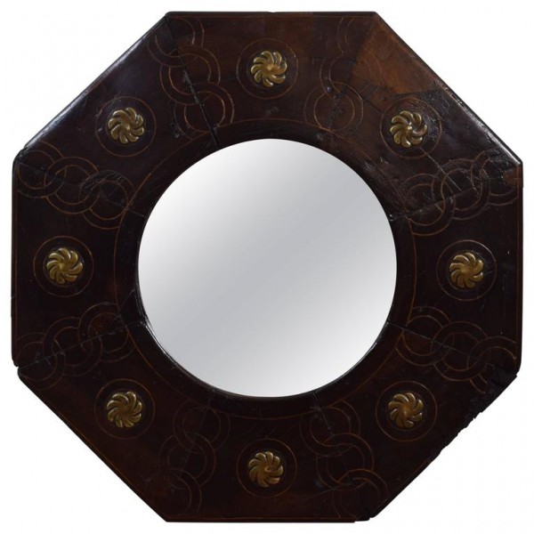 Walnut, Inlaid and Brass Mounted Octagonal Mirror