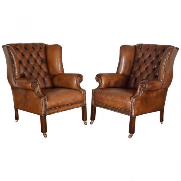 Pair of Tufted Leather Wing Chairs