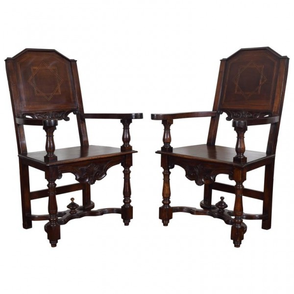 Pair of Walnut and Inlaid Turned Wood Armchairs