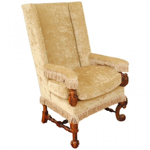 Mahogany and Velvet Upholstered Wingchair