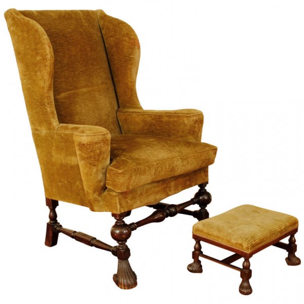 Walnut and Velvet Upholstered Wingback Chair with Ottoman