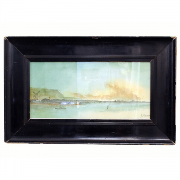 Watercolor of a Dutch Harbor in an Antique Ebonized Frame, signed D. Aymes 
