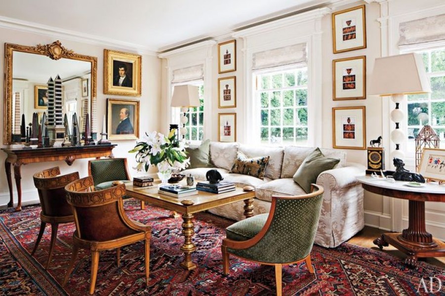Walnut, Boxwood, and Maple Large Center Table with Marble Top