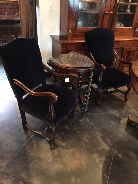 Near Pair of Walnut & Blue Velvet Upholstered Armchairs