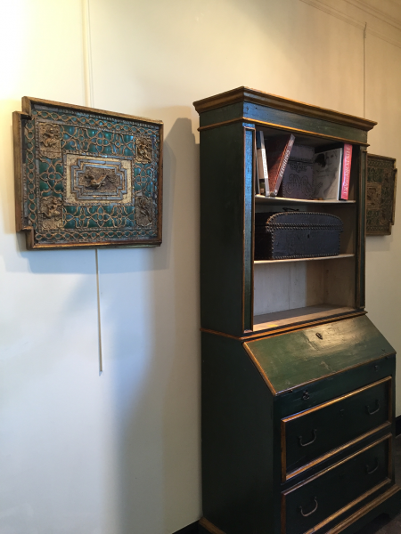 Pair of Carved Giltwood, Mirrored and Green Glass Panels