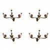Set of 4 Wrought Iron and Giltmetal Polychrome 3-Light Wall Sconces