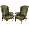 Pair of Walnut and Leather Upholstered Wing Chairs