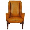 Carved Walnut Leather Upholstered Wing Chair