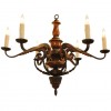Light Walnut and Patinated Brass 6-Arm Chandelier