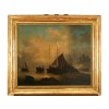 Oil on Canvas, Boats and Fishermen in a Harbor with a Ruined Fortress 