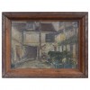 Oil on Panel Painting of a Courtyard Mounted in a Walnut Frame