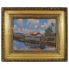 Oil on Board, House on a Lake with Distant Village