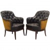 Pair of Tufted Leather and Velvet Upholstered Bergeres