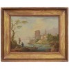 Oil on Canvas, Lake Scene with Fishermen and Ruins