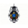 Wrought and Filigree Iron and Colored Glass Lantern