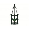 Unusual Patinated Brass & Green Glass Hanging Lantern