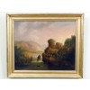 Oil on Canvas, A Ruined Castle, Waterfall, and Boat in a Lake