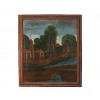 Oil on Canvas, Medieval Village with River and Arched Bridge
