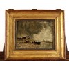 Oil on Board, Women Tending to Fishing Nets on the Coast with Ships and a Storm in the Distance