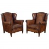 Pair of Cognac Colored Leather Wing Chairs
