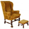 Walnut and Velvet Upholstered Wingback Chair with Ottoman