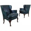 Pair of Oak and Green Leather Upholstered Wingchairs