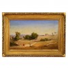Oil on Canvas, Figures on a Path Walking Away from a Temple in a Hilly Landscape