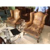 Pair of Walnut, Leather and Velvet Wing Chairs